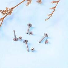 12 PCS/Lot Labret Piercing Set Surgical Steel CZ Zirconia Lip Stud Bar Earring Helix Cartilage Tragus Body Jewelry 16G - Silver - View 3