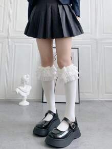 1pair Ladies' Multi-Layer Lace Edge Bow Knot Over Knee Socks