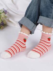 Set 10 Pares calcetines para niñas, calcetines infantiles con diseños divertidos de rayas y frutas, calcetines de tubo para adolescentes transpirables y elásticos. Tres tallas a elegir - Multicolor - Ver 3