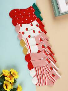 Set 10 Pares calcetines para niñas, calcetines infantiles con diseños divertidos de rayas y frutas, calcetines de tubo para adolescentes transpirables y elásticos. Tres tallas a elegir - Multicolor - Ver 2