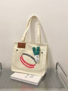Stylish Korean Style Literary Alphabet Tote Bag, Large Capacity Canvas Bag Suitable For Students And Casual Occasions. - White - View 9