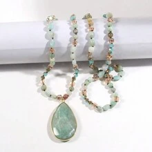 1條新款波西米亞風格女士項鍊,6mm天然石和玻璃水晶珠節點項鍊,帶面切割雫形吊墜,毛衣項鍊 - NK2384 - 查看 2