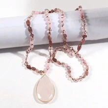 1條新款波西米亞風格女士項鍊,6mm天然石和玻璃水晶珠節點項鍊,帶面切割雫形吊墜,毛衣項鍊 - NK2384 - 查看 4