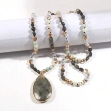 1條新款波西米亞風格女士項鍊,6mm天然石和玻璃水晶珠節點項鍊,帶面切割雫形吊墜,毛衣項鍊 - NK2384 - 查看 3