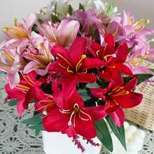 1朵小百合花,完美的家居仿真花卉虎皮百合真實觸感假花,適用於婚禮家庭派對花園商店辦公室裝飾塑料百合花束人造花 - 紅色 - 查看 9