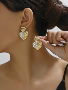 1pair Japan-Korean Style Printed High-Grade Heart Shaped Striped Diamond & Multi-Angle Star Shaped Earrings, Suitable For Daily Wear By Women - Golden a - View 11