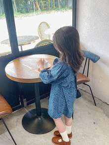 Young Girls' Cute & Fashionable Blue Floral Puff Sleeve Princess Dress For Spring/Autumn - Blue - View 3