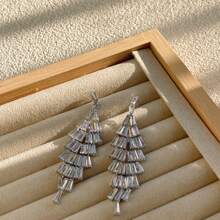 1pair Silver-Color Long Tassel & Zirconia Dangle Earrings, Elegant And Slimming Design For Women'S Daily And Party Wear - Silver - View 3