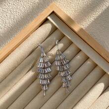 1pair Silver-Color Long Tassel & Zirconia Dangle Earrings, Elegant And Slimming Design For Women'S Daily And Party Wear - Silver - View 5