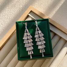 1pair Silver-Color Long Tassel & Zirconia Dangle Earrings, Elegant And Slimming Design For Women'S Daily And Party Wear - Silver - View 1