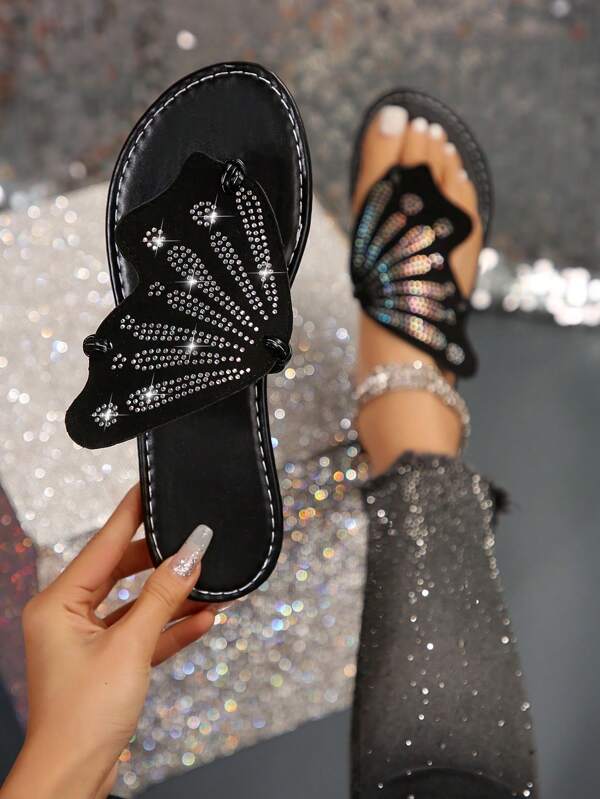 Sandalias planas de mujer con decoración de mariposa con strass, de estilo cómodo y sencillo, sandalias de verano para San Valentín