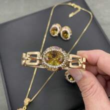 1set Handmade Women Jewelry Set Including Pendant Necklace, Earrings, Ring, Bracelet, Turkish Sultanite Color Changing Stone, Cubic , Beryl, Premium Electroplated Durable & Fashionable - Five-piece Set - View 2