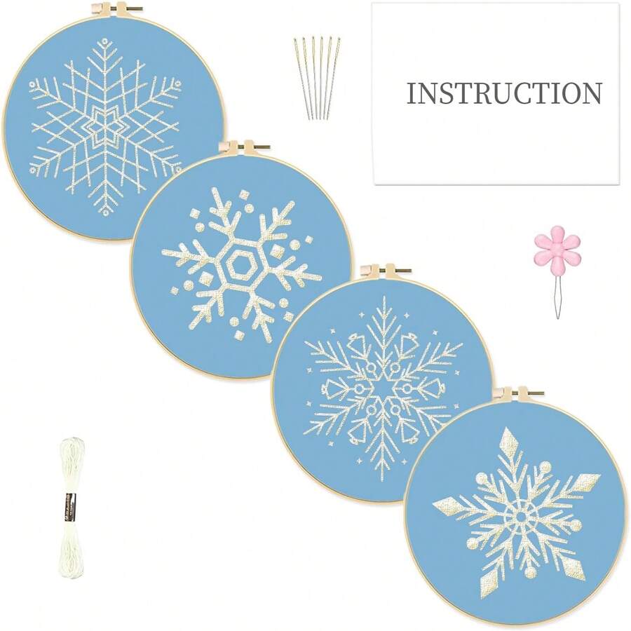 4入組十字繡套件雪花繡花套裝,適用於初學者及成人,包含印花繡布、繡框、線、針和說明書 - 彩色 - 查看 1