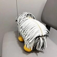 設計師奢華狗型女式鑲邊單肩包 - 白色 - 查看 6