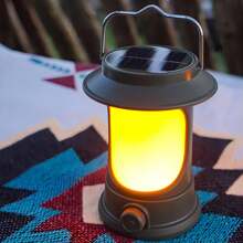 太阳能充电露营灯，带挂钩的便携式露营灯，晚餐氛围灯，旋转按钮可切换昏暗明亮模式，户外花园照明，适用于小路、庭院、露台 - 軍綠色 - 查看 1