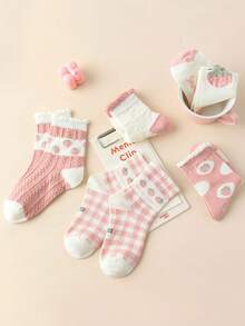 5 雙/套新款可愛粉紅草莓卡通女孩寬鬆襪子,蕾絲和網格圖案,長至小腿中部 - 彩色 - 查看 6