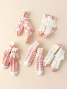 5 雙/套新款可愛粉紅草莓卡通女孩寬鬆襪子,蕾絲和網格圖案,長至小腿中部 - 彩色 - 查看 7