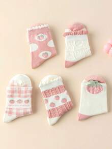 5 雙/套新款可愛粉紅草莓卡通女孩寬鬆襪子,蕾絲和網格圖案,長至小腿中部 - 彩色 - 查看 5