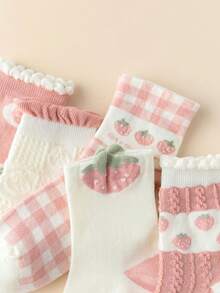 5 雙/套新款可愛粉紅草莓卡通女孩寬鬆襪子,蕾絲和網格圖案,長至小腿中部 - 彩色 - 查看 2