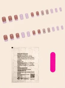 YADORNOS 24入組短方形假指甲,帶有心形和蜘蛛網設計,配有1支果凍膠和1支指甲文件套裝,適用於美甲 - 彩色 - 查看 2