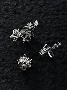 1 件创意复古 3D 龙形装饰戒指，适合男士、女士、节日聚会、约会、节日礼物和日常佩戴 - 復古銀色 - 查看 8