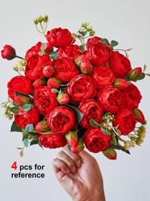 1 Pc/3 Pcs Artificial Rose Flowers Bouquet Real Touch Fake Peony Flower For Home Wedding Decoration Party Mother's Day Valentine's Day - Red - View 3