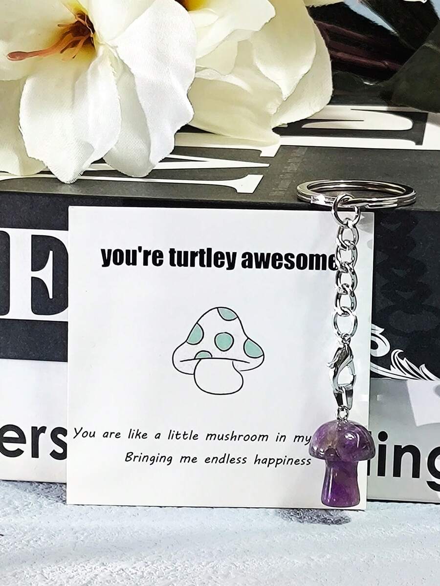 1入天然水晶黑曜石可愛的蘑菇情感連結鑰匙扣附加物包掛坠,精美禮物,情感鼓勵和支持卡禮物,良好的祝福和感激卡禮物,可作為假日禮物,慶祝情人節的禮物,你就像我心裡的一個小蘑菇,給我帶來無盡的快樂 - 淡紫色 - 查看 1
