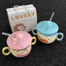 1pc Cute Clown Face Ceramic Mug With Lid, Funny Gift For Best Friends, Girls, Packaged In Gift Box - Pink - View 1