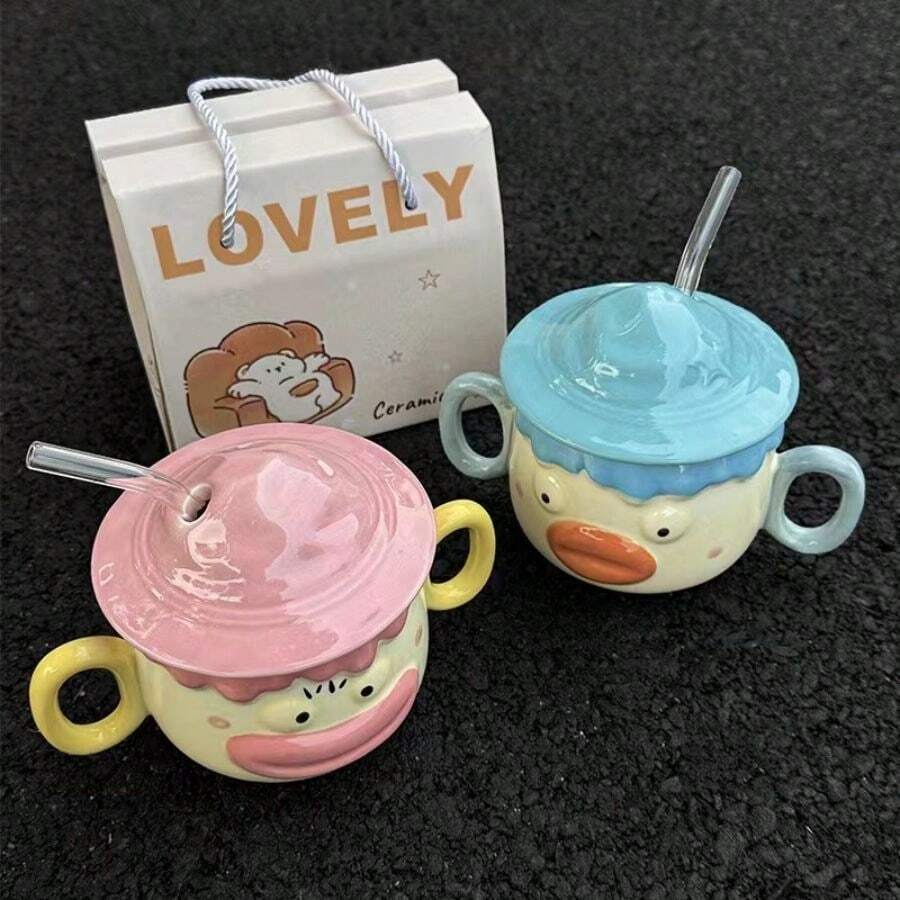 1pc Cute Clown Face Ceramic Mug With Lid, Funny Gift For Best Friends, Girls, Packaged In Gift Box - Pink - View 1