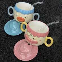 1pc Cute Clown Face Ceramic Mug With Lid, Funny Gift For Best Friends, Girls, Packaged In Gift Box - Pink - View 5