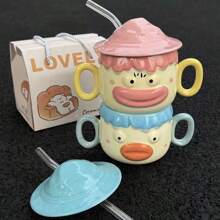 1pc Cute Clown Face Ceramic Mug With Lid, Funny Gift For Best Friends, Girls, Packaged In Gift Box - Pink - View 8