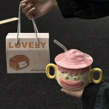1pc Cute Clown Face Ceramic Mug With Lid, Funny Gift For Best Friends, Girls, Packaged In Gift Box - Pink - View 10
