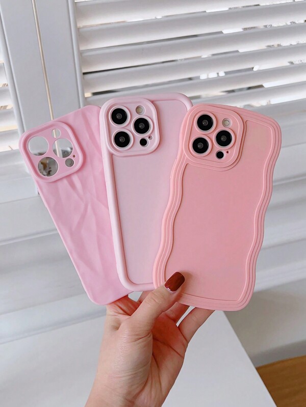 Apple Baby Pink 3pcs/Set High Grade Shockproof Wave Pattern Phone Case Compatible With IPhone