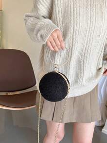 流行毛茸茸球形晚宴包,毛球手提包,鏈帶肩背包,斜挎包 - 黑色 - 查看 2