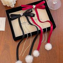 1pc Rhinestone Pom Pom Ribbon Bow Hair Clip, Suitable For Christmas & New Year Gifts, Claw Clips, Hair Slide, Hair Barrettes