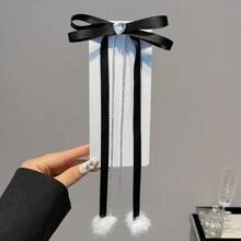 1pc Rhinestone Pom Pom Ribbon Bow Hair Clip, Suitable For Christmas & New Year Gifts, Claw Clips, Hair Slide, Hair Barrettes