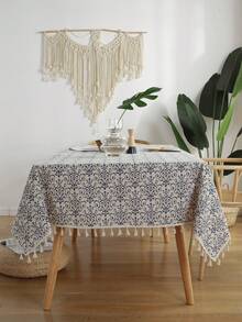 1pc Bohemian Style Printed Chinese Blue & Beige Tassel Tablecloth, Suitable For Western Restaurants, Kitchens And Coffee Shops Party Decorations - Multicolor - View 2