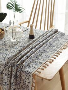 1pc Bohemian Style Printed Chinese Blue & Beige Tassel Tablecloth, Suitable For Western Restaurants, Kitchens And Coffee Shops Party Decorations - Multicolor - View 1