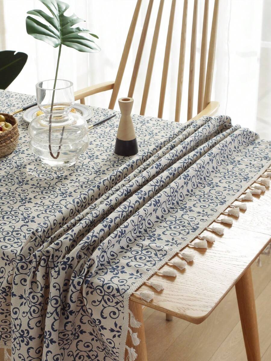 1pc Bohemian Style Printed Chinese Blue & Beige Tassel Tablecloth, Suitable For Western Restaurants, Kitchens And Coffee Shops Party Decorations - Multicolor - View 1