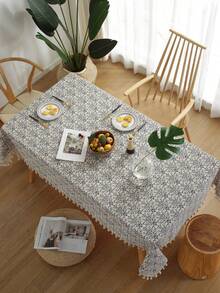 1pc Bohemian Style Printed Chinese Blue & Beige Tassel Tablecloth, Suitable For Western Restaurants, Kitchens And Coffee Shops Party Decorations - Multicolor - View 6