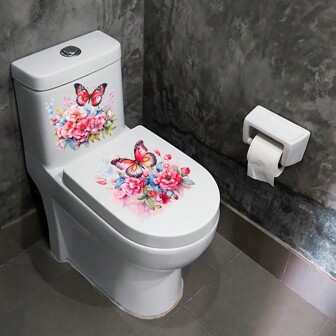 1set (2pcs) Pink Butterfly, Flower, Branch & Leaf Pattern Toilet Seat Stickers, Stickers, Wall Decal, Vinyl Decal For Home Decorations, Spring Decoration Items Refresh Your Home, Rama Decoration Stickers Gifts Birthday Graduation