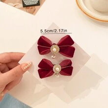 小女孩流蘇蝴蝶結髮夾，適用於幼兒女孩的雙馬尾、側瀏海和所有髮型 - 酒紅色 - 查看 3