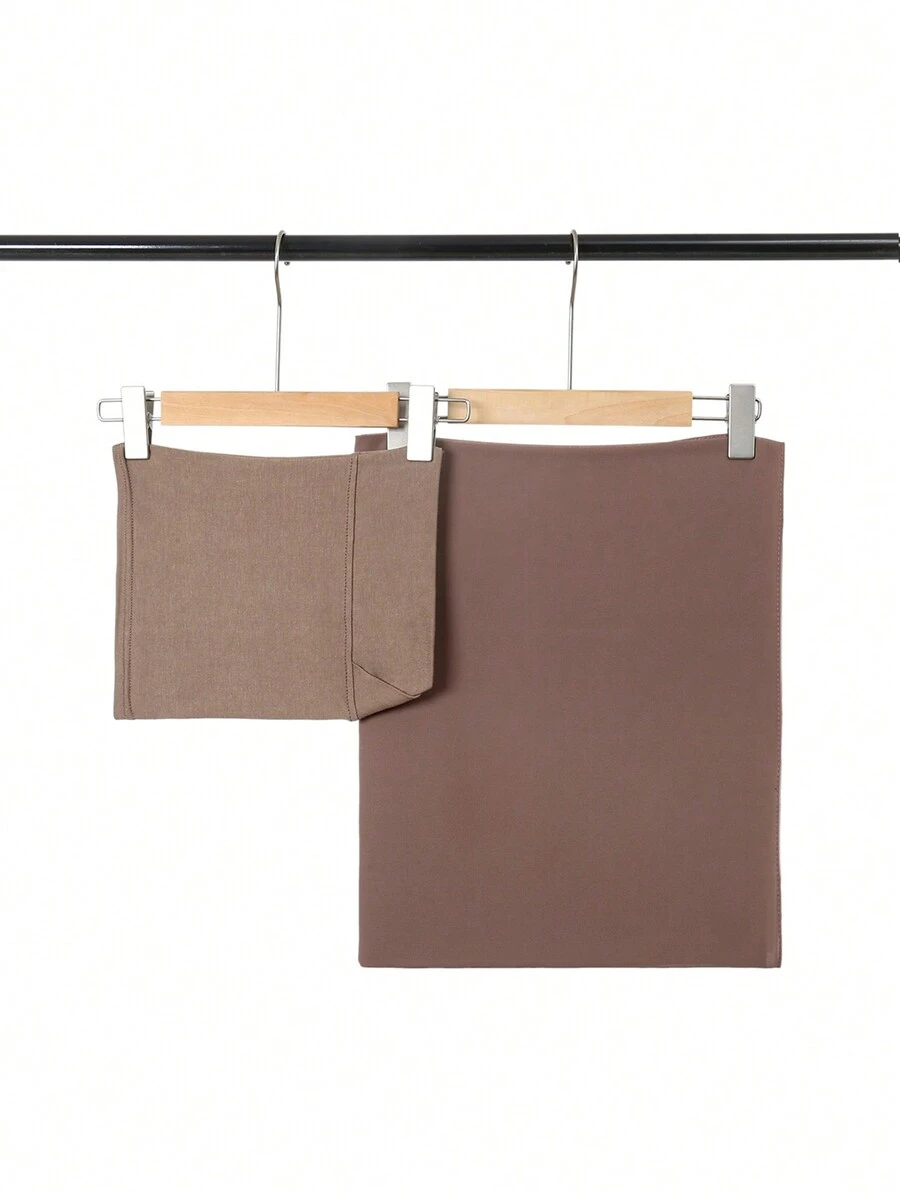 2 件/套女式交叉毛線帽和雪紡圍巾,包括純色珍珠雪紡髮帶和交叉底毛線帽 - 卡其色 - 查看 1