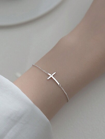 1pc Women's Jewelry S925 Silver Smooth Bracelet, Exquisite Cross Pendant, Simple & Refreshing Personalized Hand Accessory