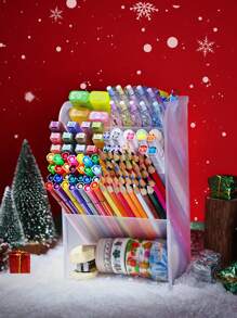 1pc Multi-Compartment Frosted Christmas Pen Holder For Storing Pencils, Pens, Markers And Other Stationery - Clear - View 1