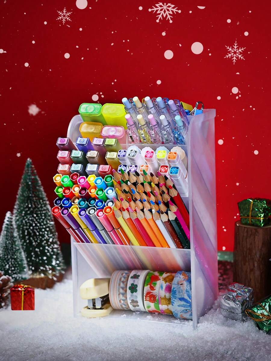 1pc Multi-Compartment Frosted Christmas Pen Holder For Storing Pencils, Pens, Markers And Other Stationery - Clear - View 1