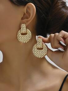 1pair Japan-Korean Style Printed High-Grade Heart Shaped Striped Diamond & Multi-Angle Star Shaped Earrings, Suitable For Daily Wear By Women - Golden a - View 12