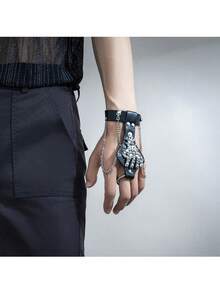 1 件裝男士黑色龐克風格骷髏和鉚釘裝飾哥德嘻哈手鍊適合派對 - 黑色 - 查看 3