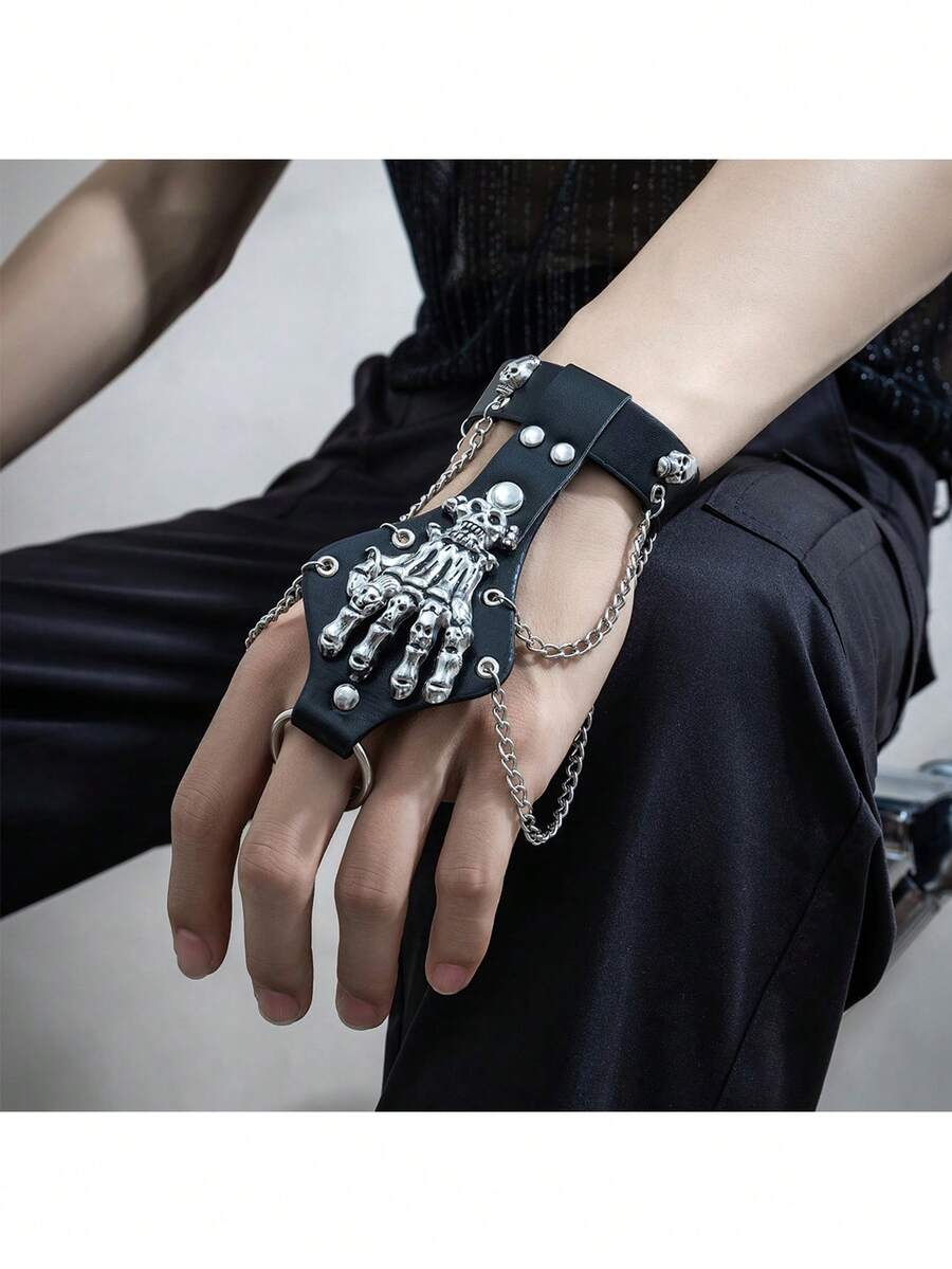 1 件裝男士黑色龐克風格骷髏和鉚釘裝飾哥德嘻哈手鍊適合派對 - 黑色 - 查看 1