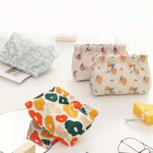 女士化妝工具攜帶包,大容量收納袋,帶磁扣關閉,花卉印花,適用於鑰匙、口紅等用品 - 紫色 - 查看 1